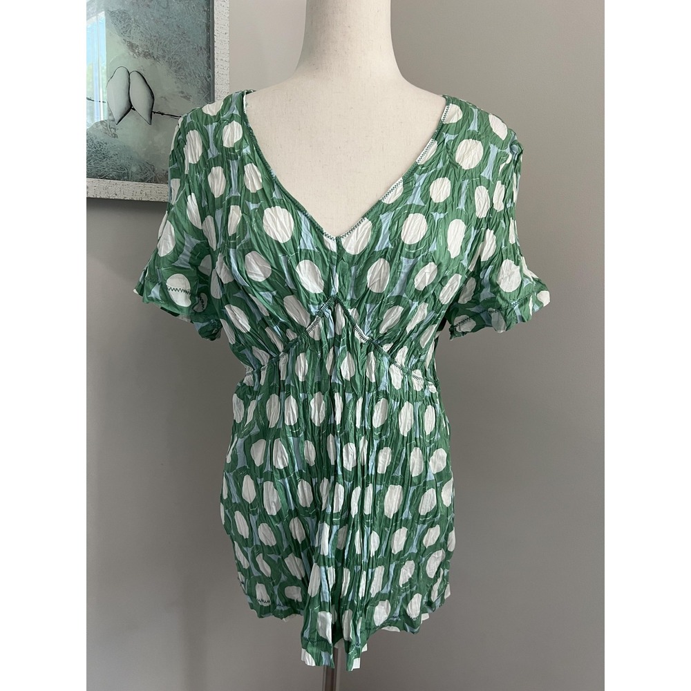 Boden Top Womens 20 Green Polka Dot V Neck Flutter Sleeve Tunic Boho Crinkle